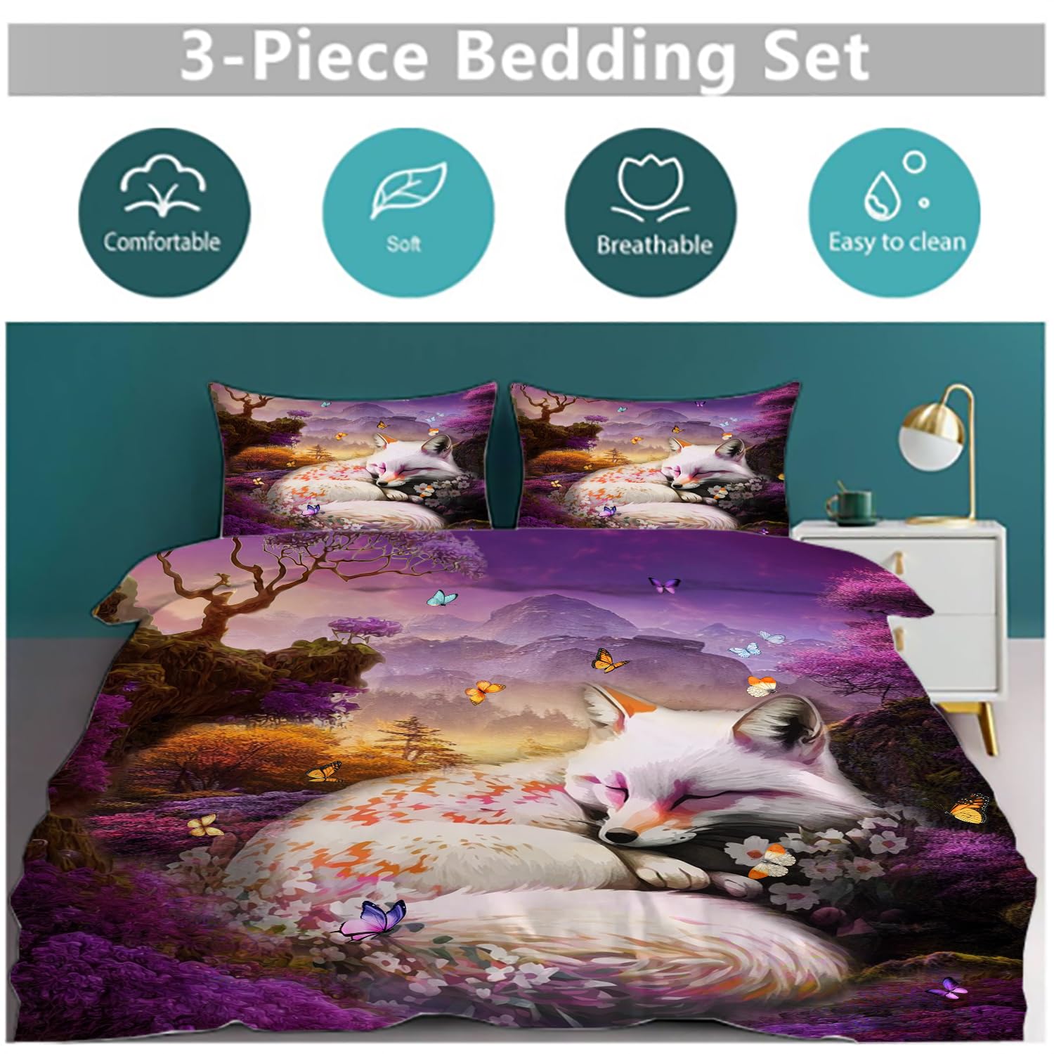 MSSHUKYTT Fantasy Nature Landscape Queen Size Duvet Cover Set,Fairy Tale Forest Wildlife Fox Florals Lavender Butterfly Daisy Comforter Cover Sets(1 Duvet Cover 2 Pillowcases)