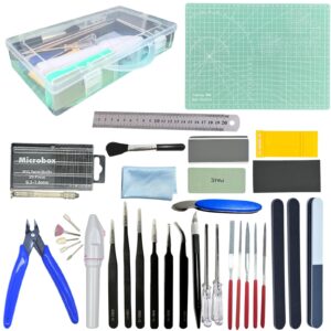 junyaohsu gundam model tool kit, 64pcs hobby modeler basic tool set for minature bandai models, cars, airplanes, buildings, gundam, robots repairing fixing