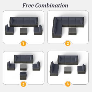 SUNVIVI OUTDOOR 7 Piece Patio Furniture Sets All Weather Gery PE Wicker Couch Sofa with Glass Table, Removable Dark Grey Cushions