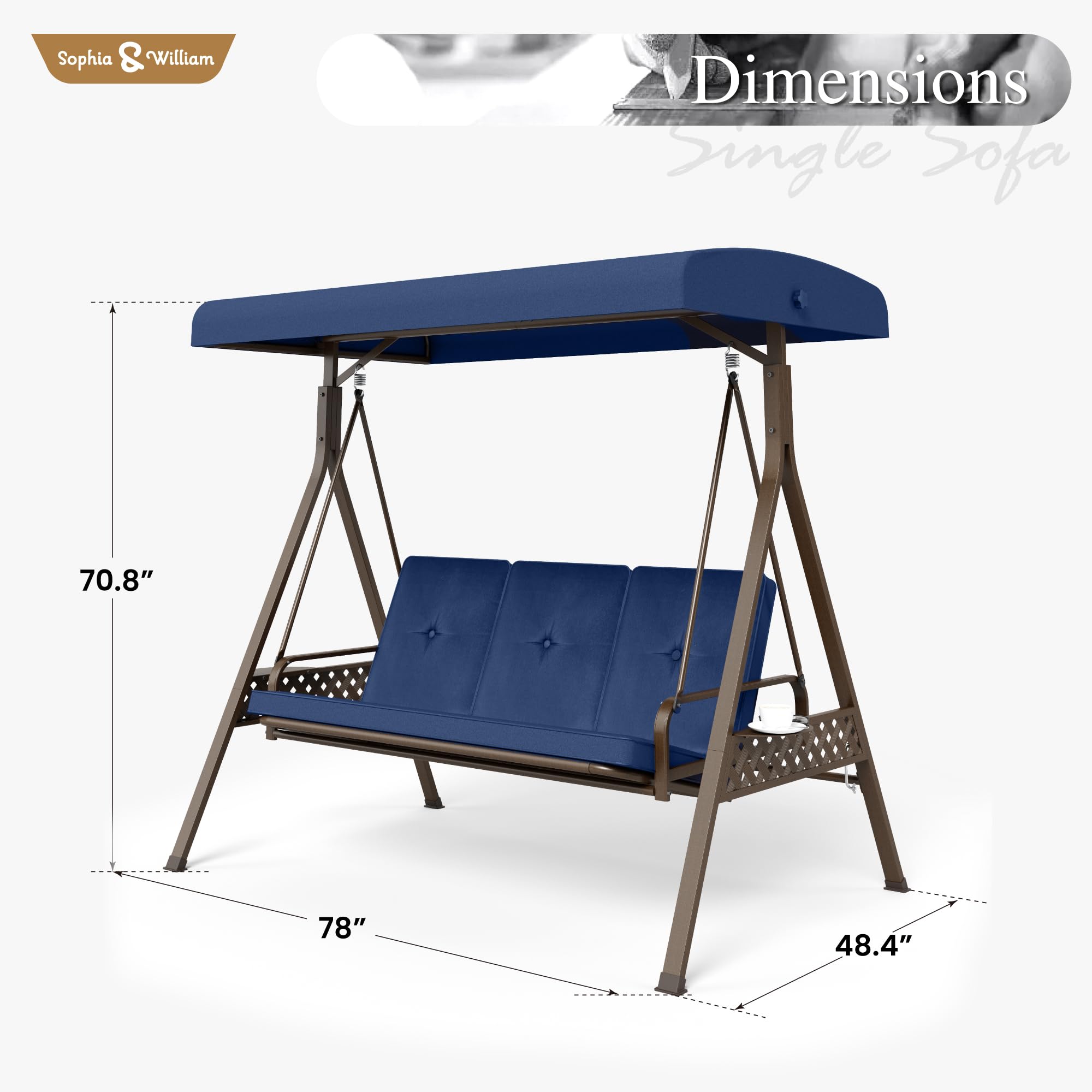 Sophia & William Outdoor Porch Swing with Adjustable Canopy,3-Seat Patio Swing Chair with Weather Resistant Steel Frame for Backyard Front Porch Lawn, Removable Cushions and Iron Tea Tray,Blue