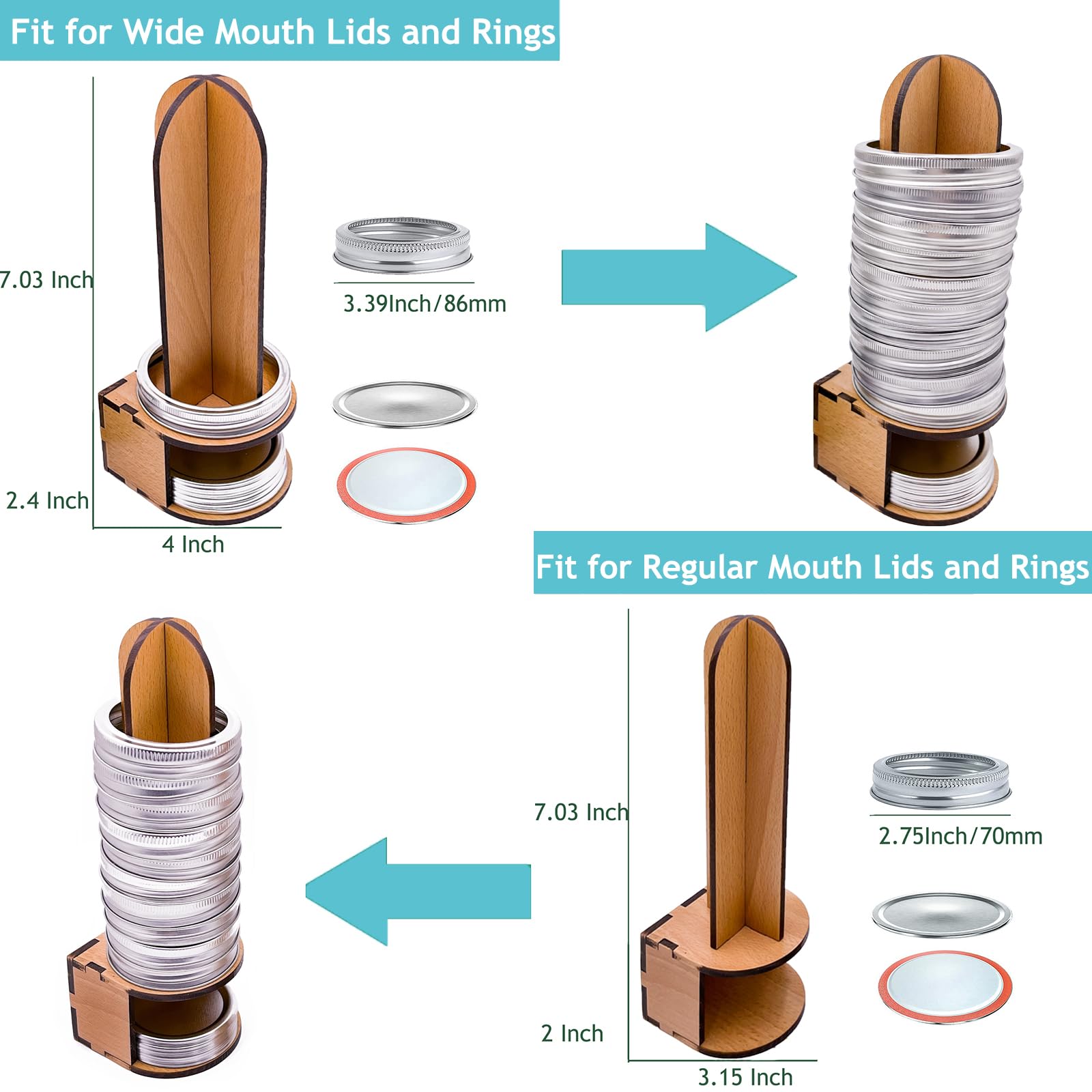 Mason Jar Lid Organizer, Wood Mason Jar Lid Storage, Canning Lid Rack Holder for Storing Mason Jar Lids and Rings, Mason Jar Accessory for Space Saving Kitchen - Fit for Regular & Wide Mouth