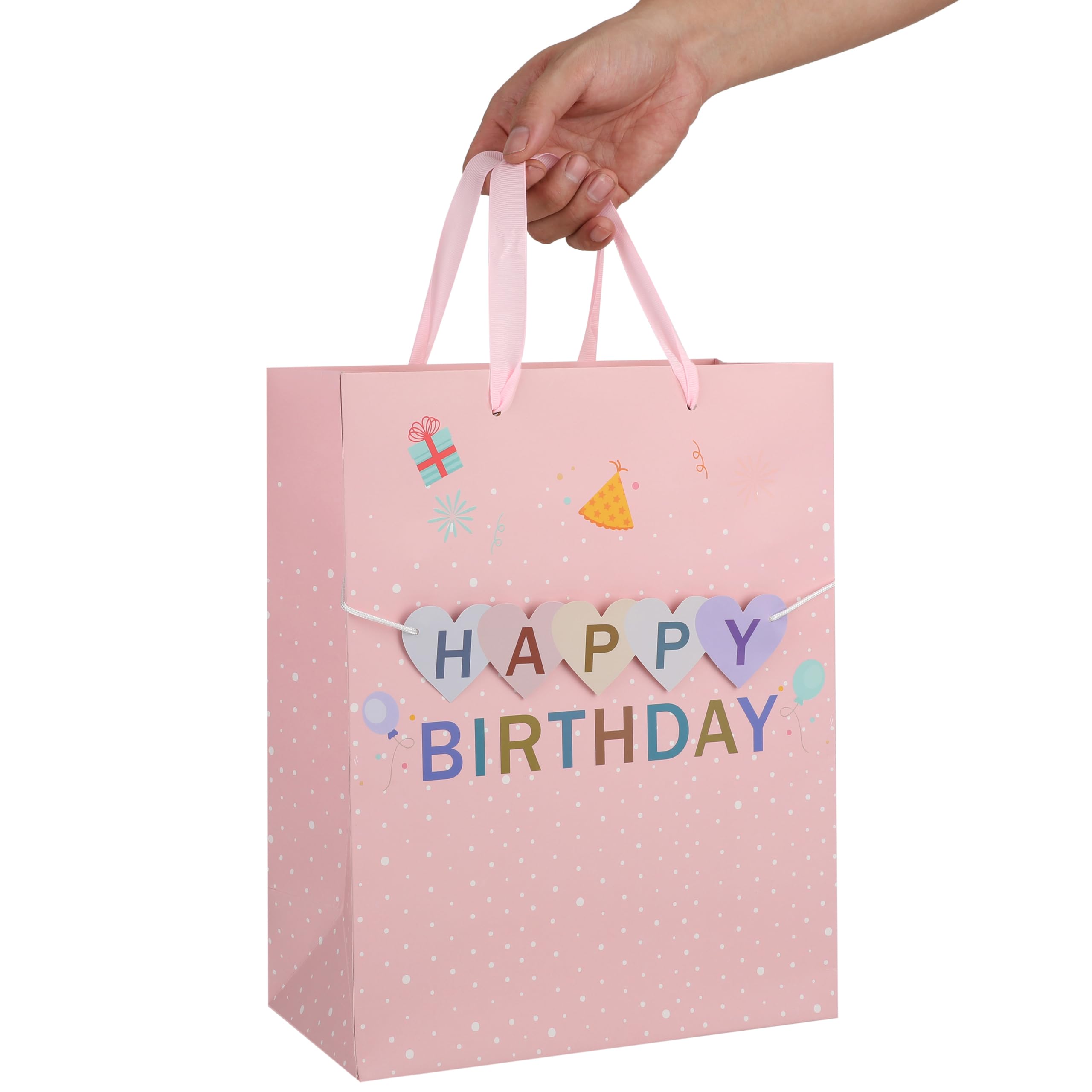 13" Large Pink Gift Bag Set with Greeting Card and Tissue Papers (3D 'Happy' Design) Women's Birthday Party, Girls', or Kids' Parties, Baby Shower - 10.2”x5.2”x13”, 1 Pcs.