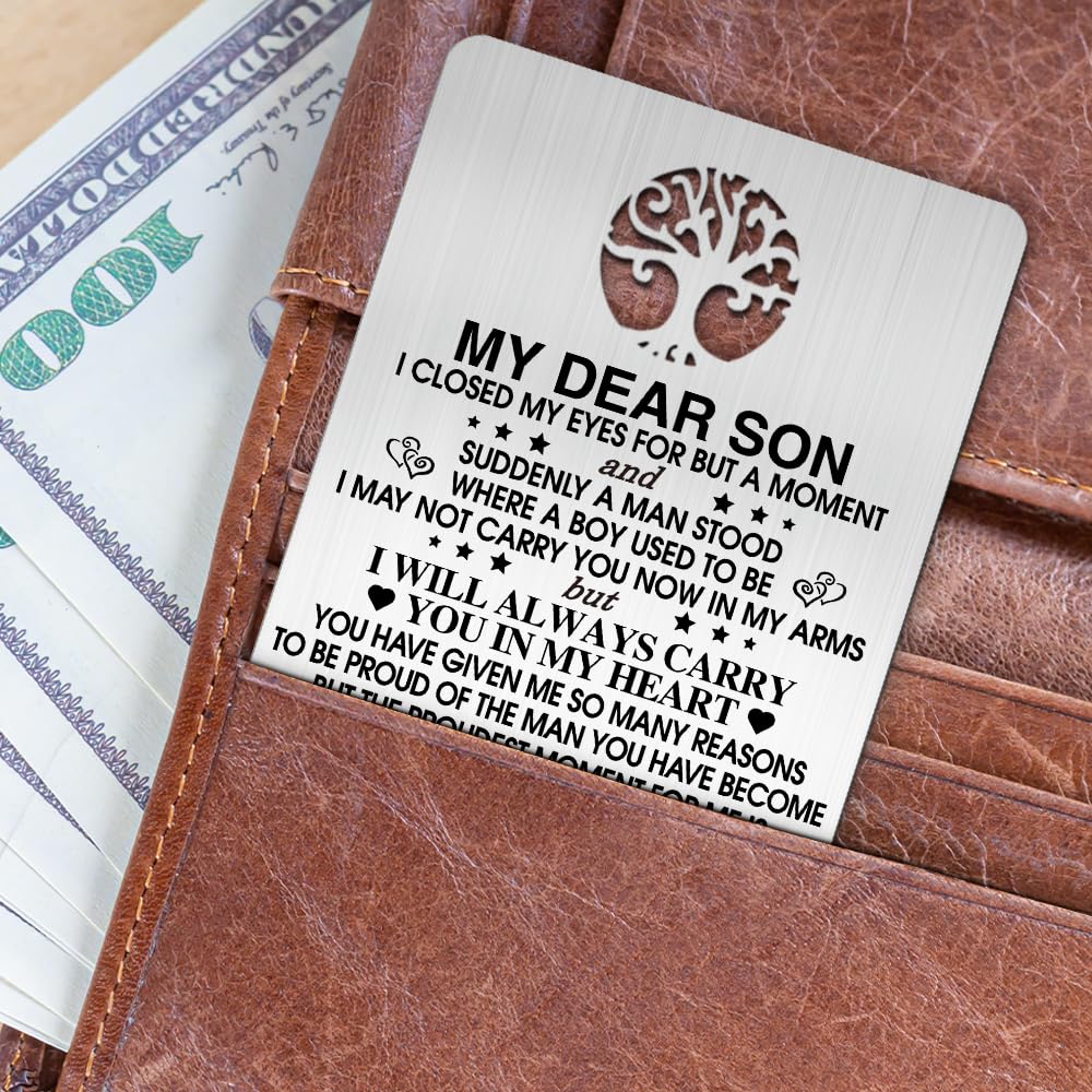 Mhfpl To My Son I Love You Wallet Card, Engraved Metal Wallet Insert Card Love Notes from Mom, Gifts for Son with Inspirational Quote, Graduation Birthday coming of age Wedding Christmas Gifts