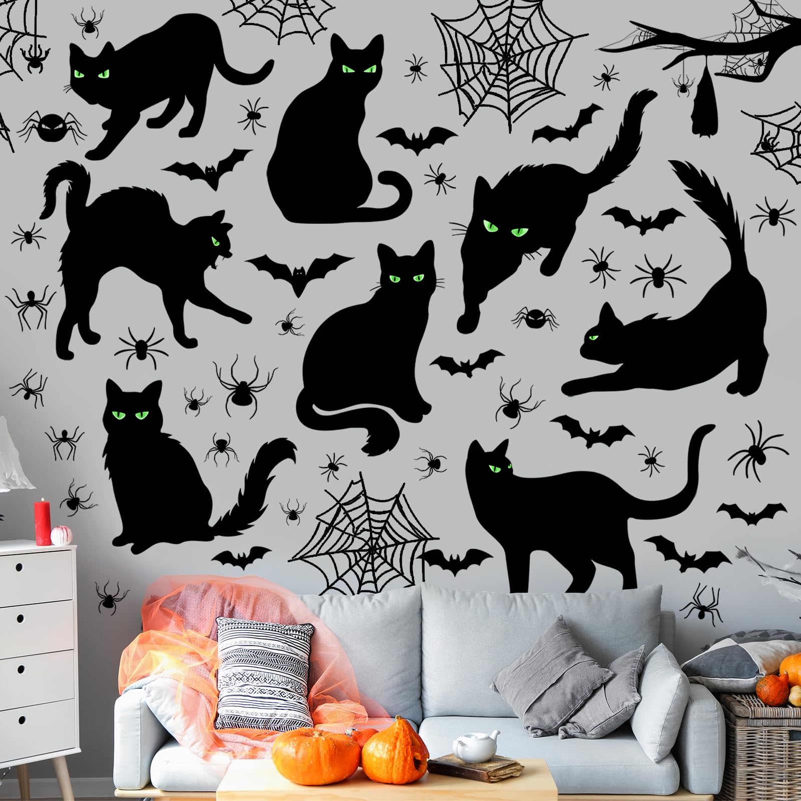 Chivertion 6 Sheets 101 Pcs Halloween Black Cat Wall Sticker Decoration Bats Spiders Web Scary Decals Removable Double Side Wall Window Sticker for Halloween Party Supplies