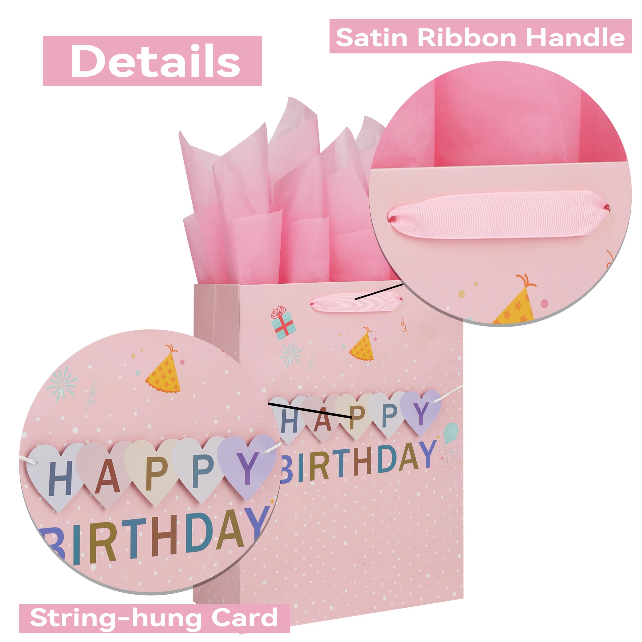 13" Large Pink Gift Bag Set with Greeting Card and Tissue Papers (3D 'Happy' Design) Women's Birthday Party, Girls', or Kids' Parties, Baby Shower - 10.2”x5.2”x13”, 1 Pcs.