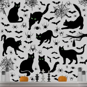 chivertion 6 sheets 101 pcs halloween black cat wall sticker decoration bats spiders web scary decals removable double side wall window sticker for halloween party supplies