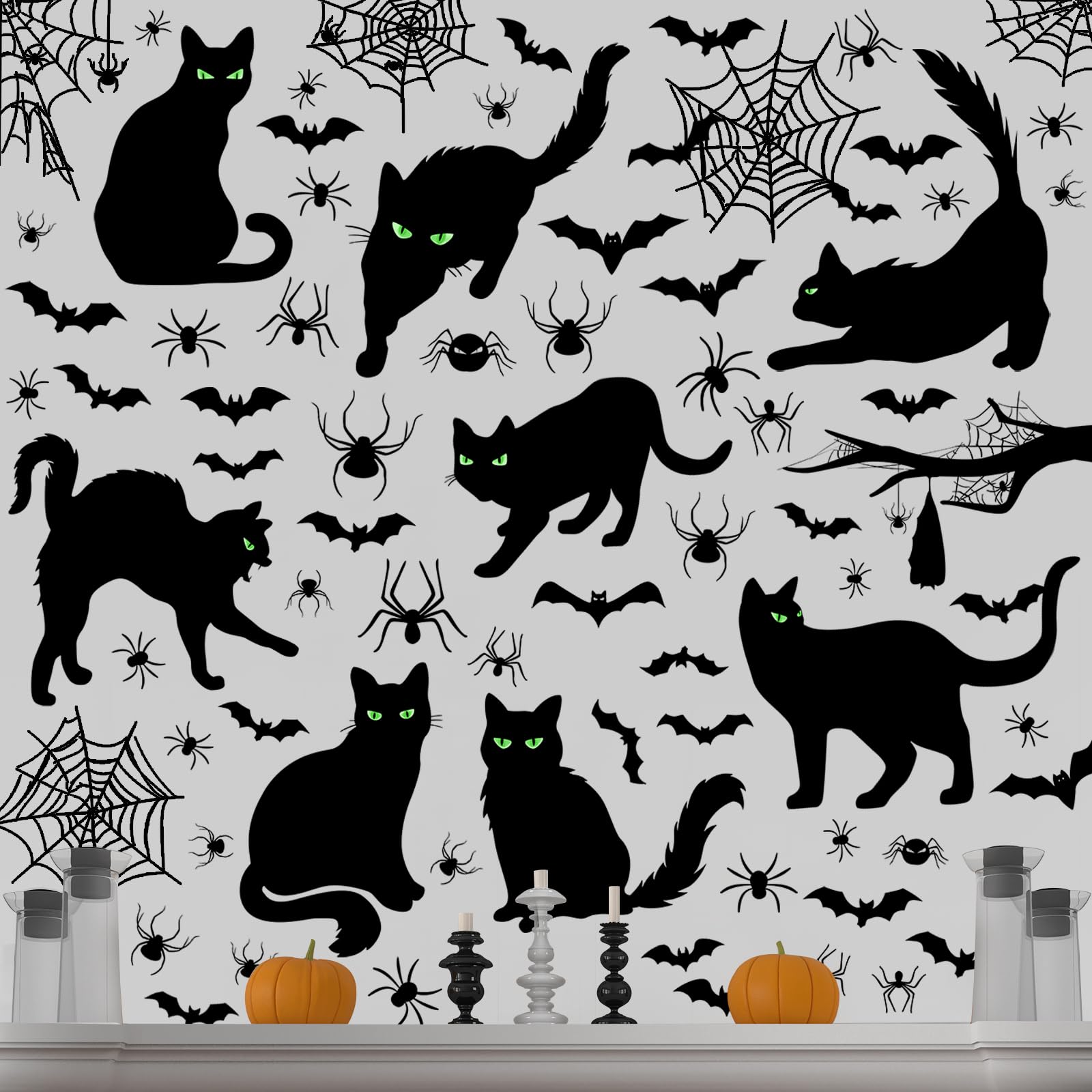 Chivertion 6 Sheets 101 Pcs Halloween Black Cat Wall Sticker Decoration Bats Spiders Web Scary Decals Removable Double Side Wall Window Sticker for Halloween Party Supplies