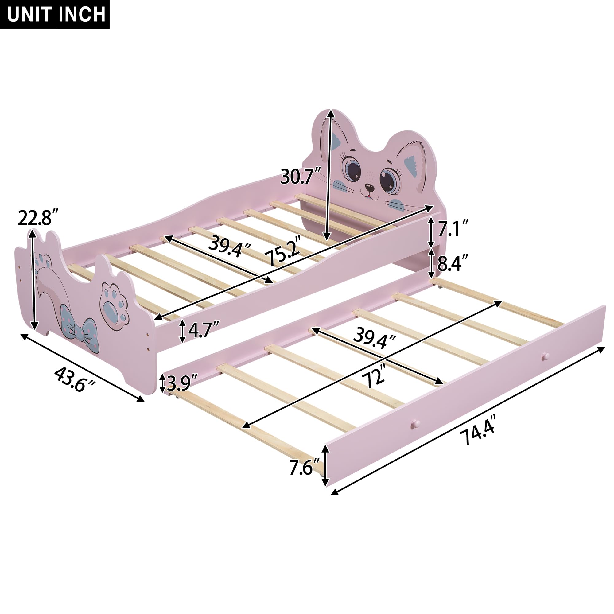 MERITLINE Twin Size Bed for Kids, Wood Platform Bed Frame with Cute Cartoon Headboard and Trundle, Twin Kids Bed with Trundle for Baby Girls Boys Child's Bedroom,Grey