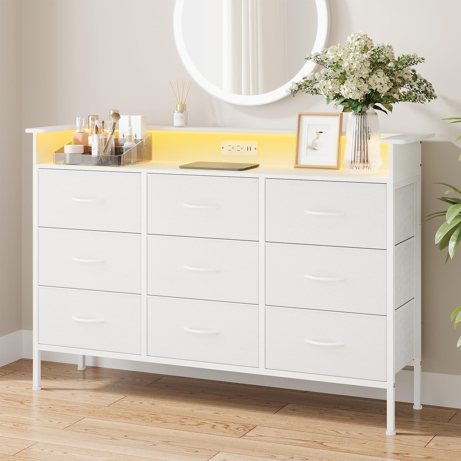 ELYKEN White Dresser with LED Light for Bedroom, Dresser with 9 Drawers and Charging Station, Fabric Chest of Drawers with PU Finish Storage Drawers for Entryway Closet Living Room Hallway Guest Room