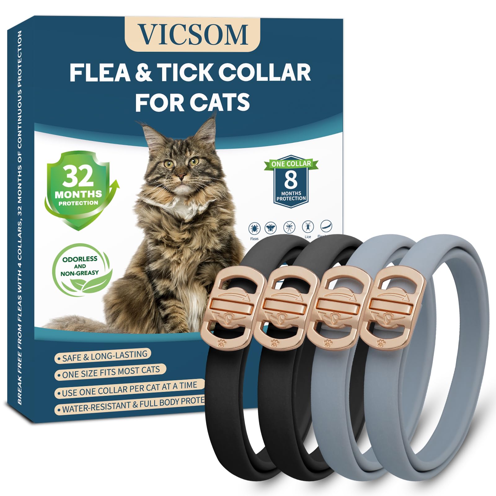 Flea Collar for Cats, 4 Pack Cat Flea and Tick Collar 32 Months Cat Flea and Tick Prevention Collars, Waterproof Adjustable Cats Flea Collar Kitten, Tick and Flea Treatment Collar for Cat, Black Grey