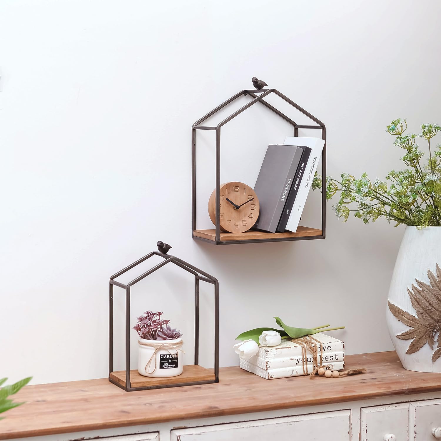 Synovana Farmhouse Wall Mounted Shelves Set of 2 House Shaped Floating Hanging Shelf Bird Wall Decor Shelf Display Ledge Wall Shelves with Bird Decoration for Living Room Home Decor - 9.25"/11.81"