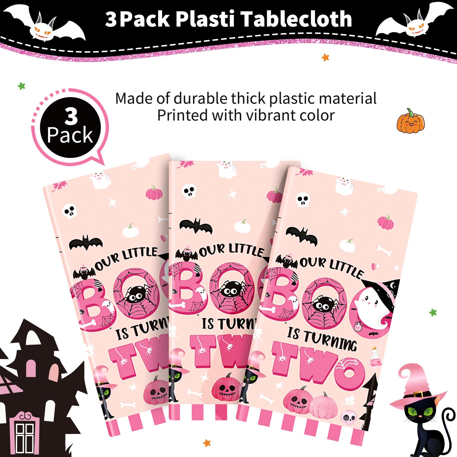 Yavxzvbw 3Pcs Boo I'm Two Decor Birthday Pink Halloween Tablecloth Halloween Birthday Party Decorations Girl for Halloween 2nd Birthday Decorations Boo Birthday Party Supplies