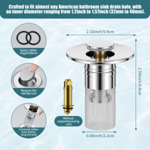 2PCS Pop Up Bathroom Sink Drain Strainer Hair Catcher, 2024 New Stainless Steel Floor Drain Filter with Removable Stainless Steel Filter Basket, for US Universal Bathroom Kitchen Basin Sink Stopper