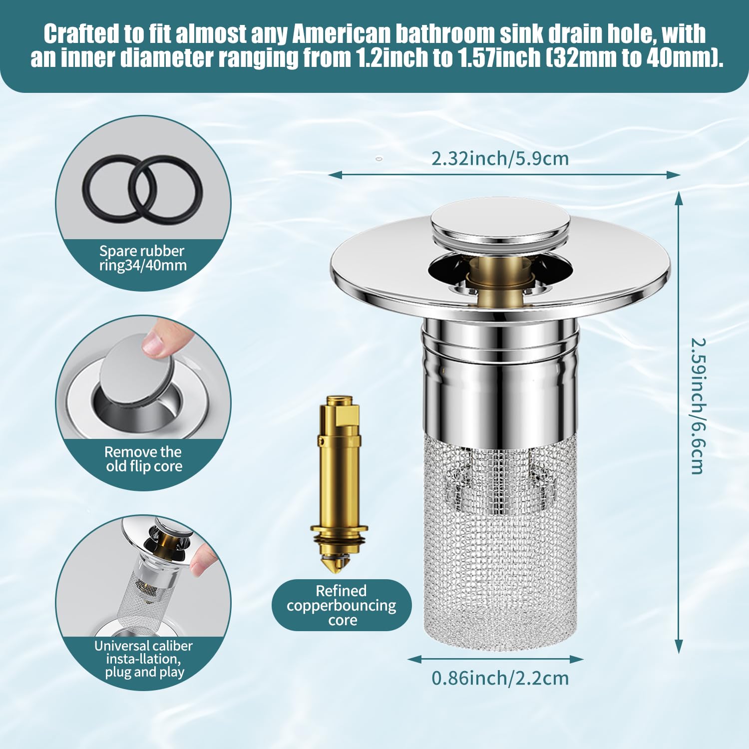 2PCS Pop Up Bathroom Sink Drain Strainer Hair Catcher, 2024 New Stainless Steel Floor Drain Filter with Removable Stainless Steel Filter Basket, for US Universal Bathroom Kitchen Basin Sink Stopper