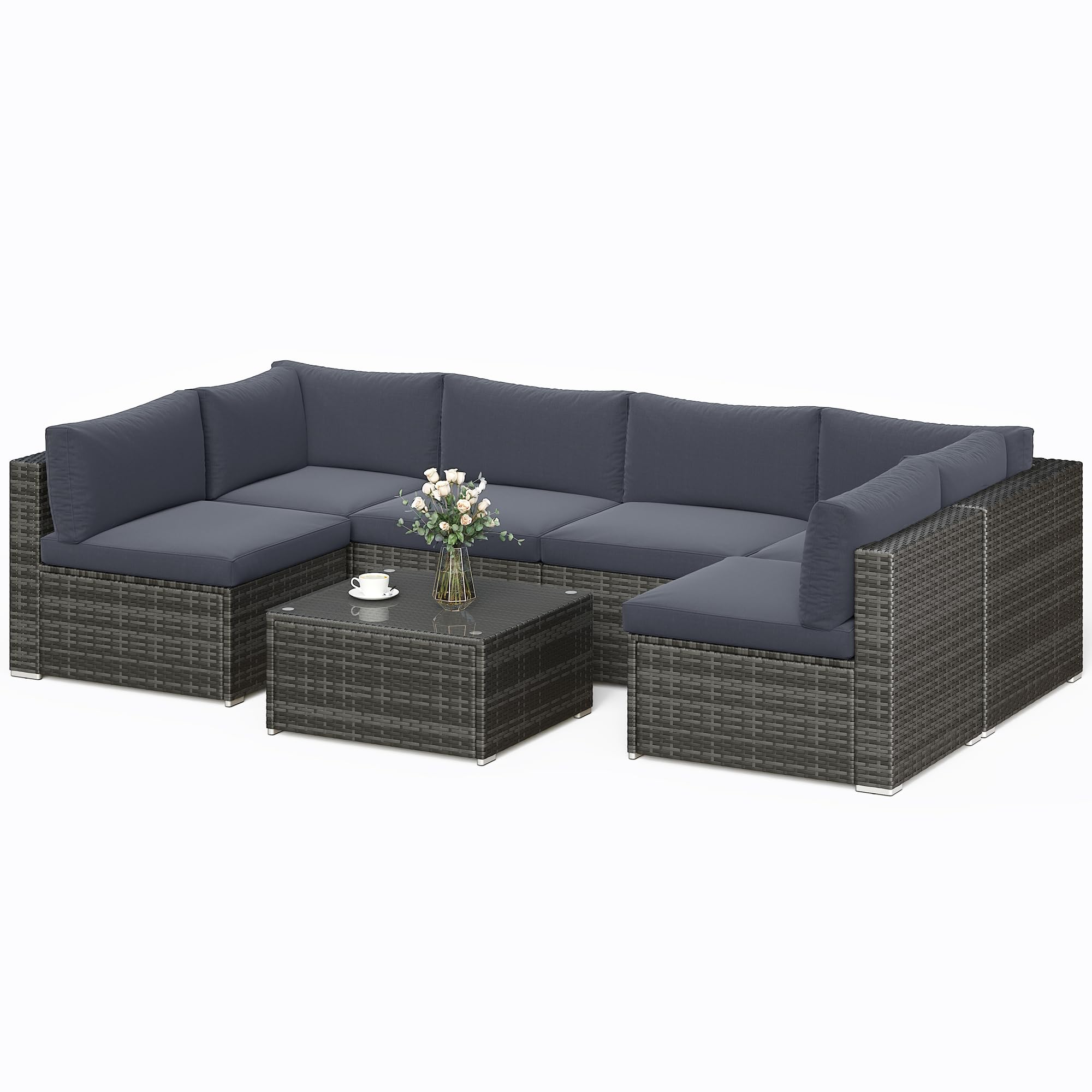 SUNVIVI OUTDOOR 7 Piece Patio Furniture Sets All Weather Gery PE Wicker Couch Sofa with Glass Table, Removable Dark Grey Cushions