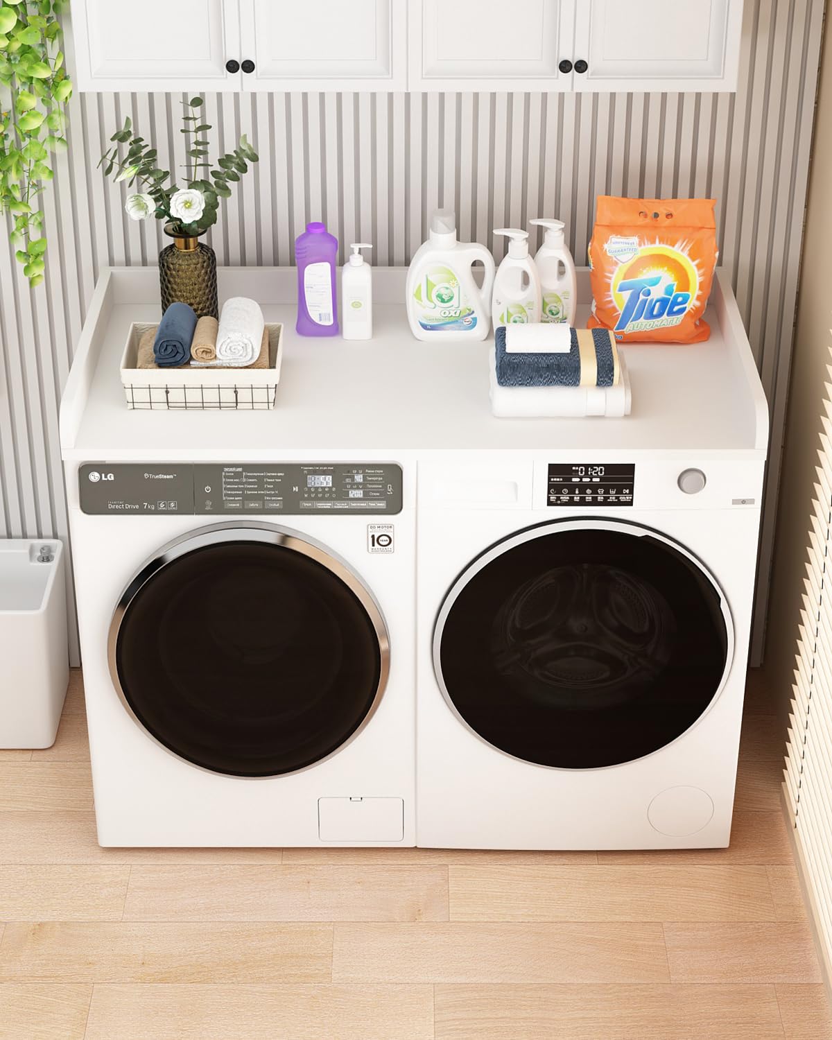 RRWJVU Washer Dryer Countertop,27.5" x 54" Solid Wood Countertop with Anti- Slip Pad for Laundry Room Organization. White