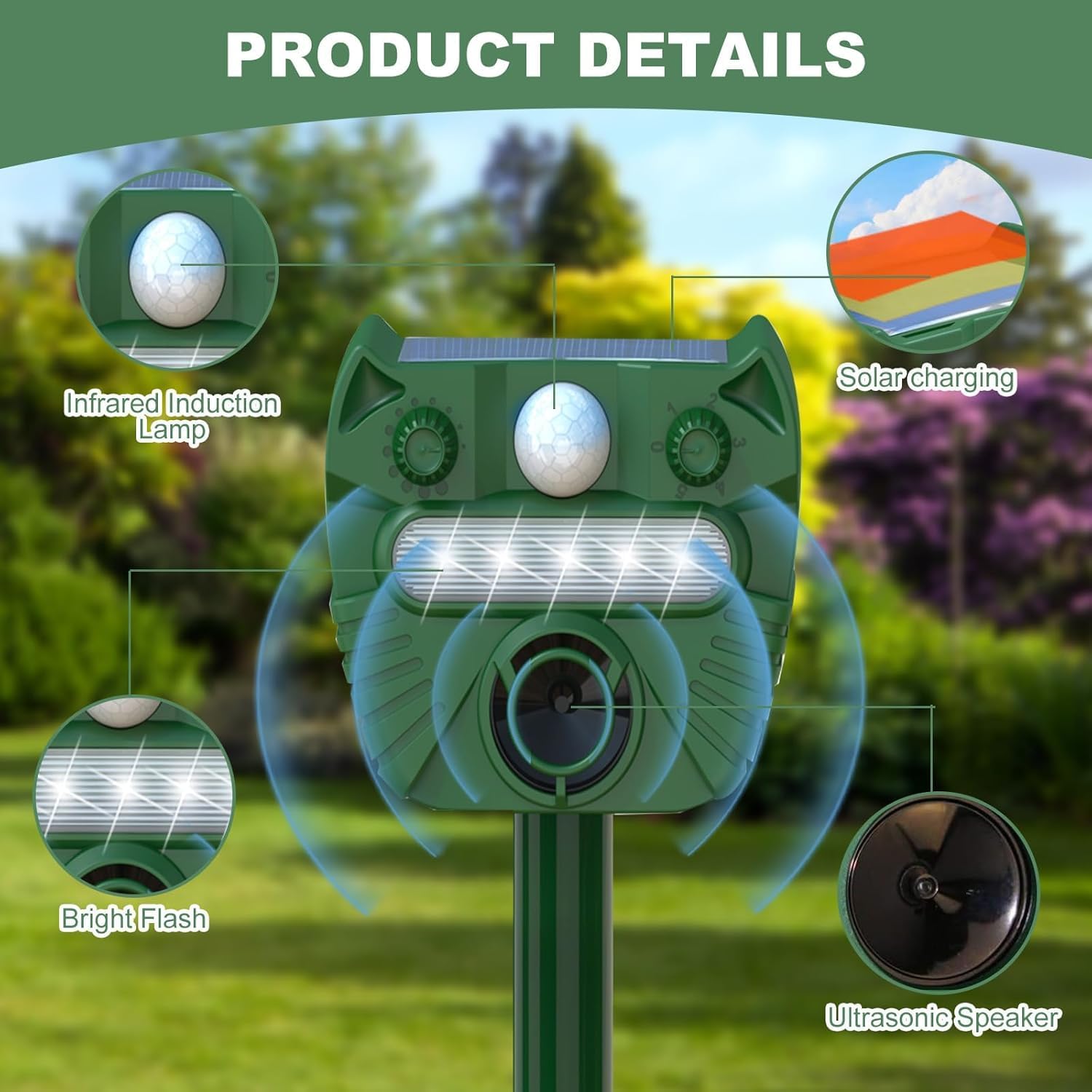 Upgraded Ultrasonic Animal Repellent, Solar Animal Repeller Squirrel Repellent with PIR Sensor,Waterproof Cat Deer Repellent for Raccoon, Fox, Skunk-Green