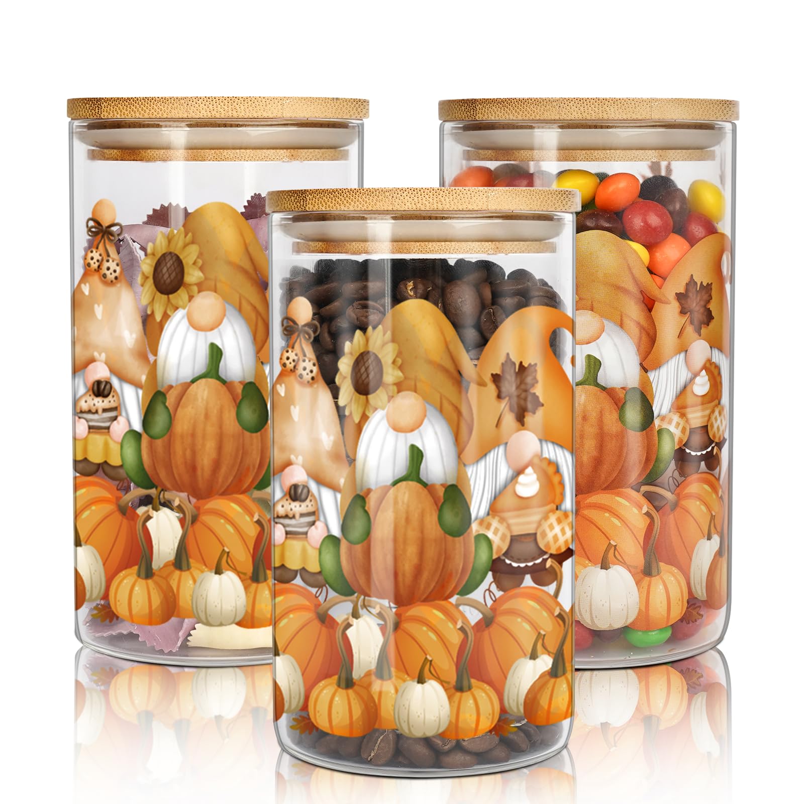 ANOTION Glass Storage Jars with Lids - Fall Gnomes Glass Jars 18oz Glass Food Storage Containers for Kitchen Storage, Pantry, Canning Jars for Storage Cookie, Sugar, Candy, Tea, Coffee, 3 Packs