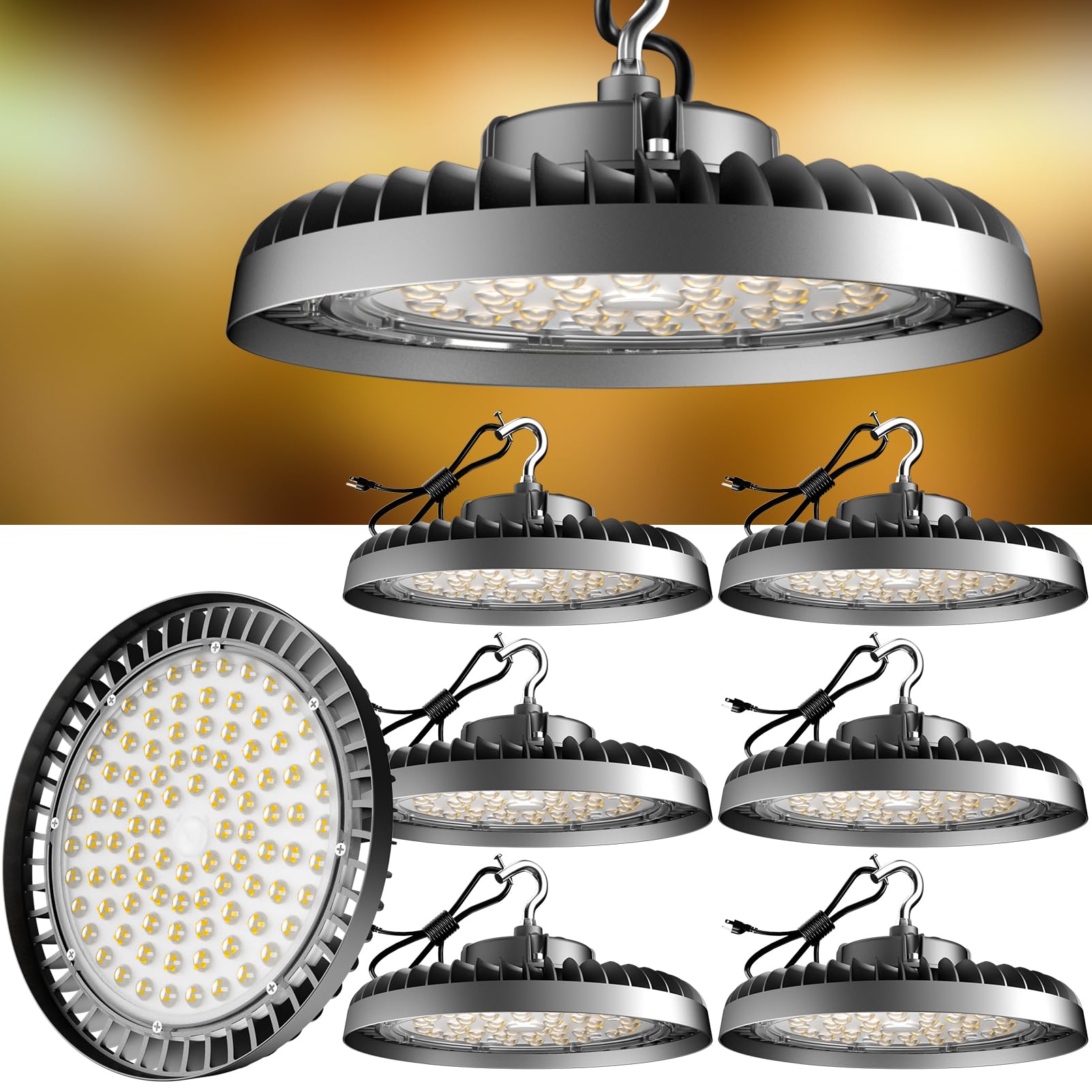 ACOHOOK 300W UFO LED High Bay Light, 45000lm (Eqv.1200W MH/HPS) High Bay LED Shop Lights, 5000K US Plug Commercial Warehouse/Workshop/Wet Location Area Light -6Pack