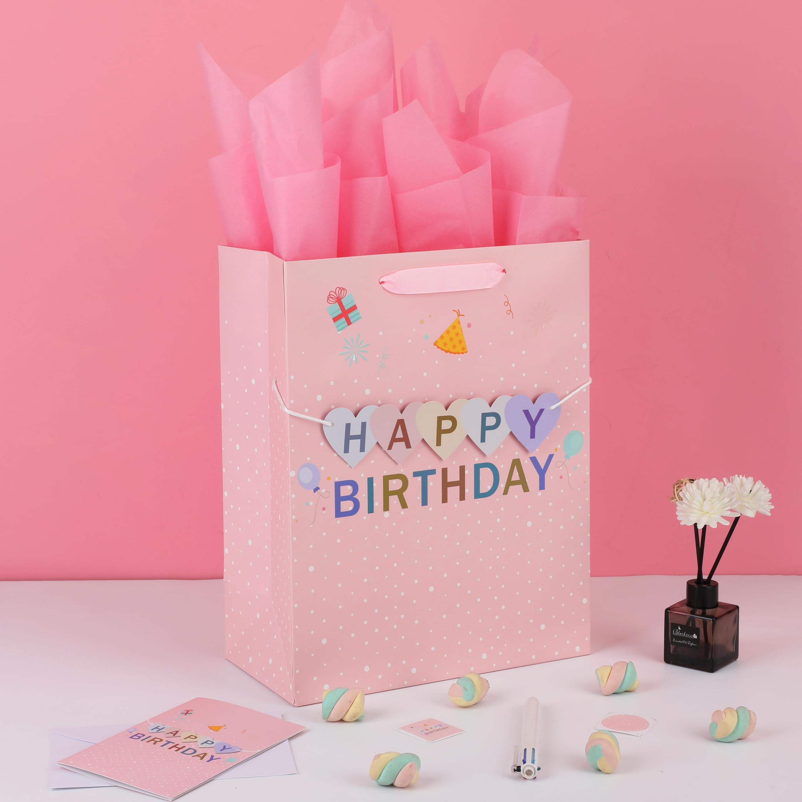 13" Large Pink Gift Bag Set with Greeting Card and Tissue Papers (3D 'Happy' Design) Women's Birthday Party, Girls', or Kids' Parties, Baby Shower - 10.2”x5.2”x13”, 1 Pcs.