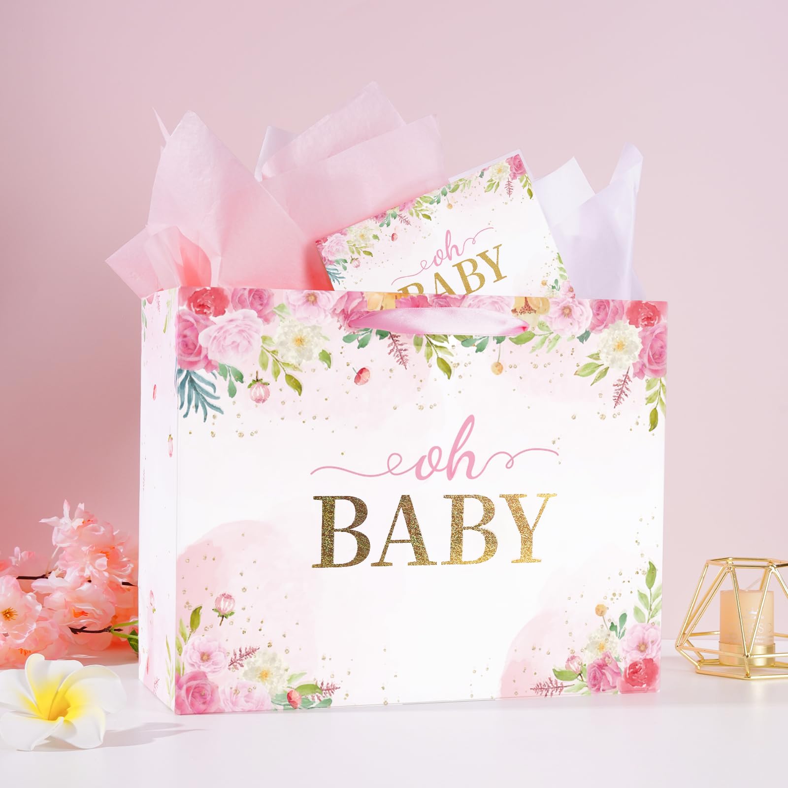 13” Large Baby Gift Bags with Tissue Paper & Greeting Card (oh BABY & Floral), Gift Bags Lager Size for Baby Girl Shower, New Parents, Newborn, 1st Birthday, Gender Reveal Party-Pink