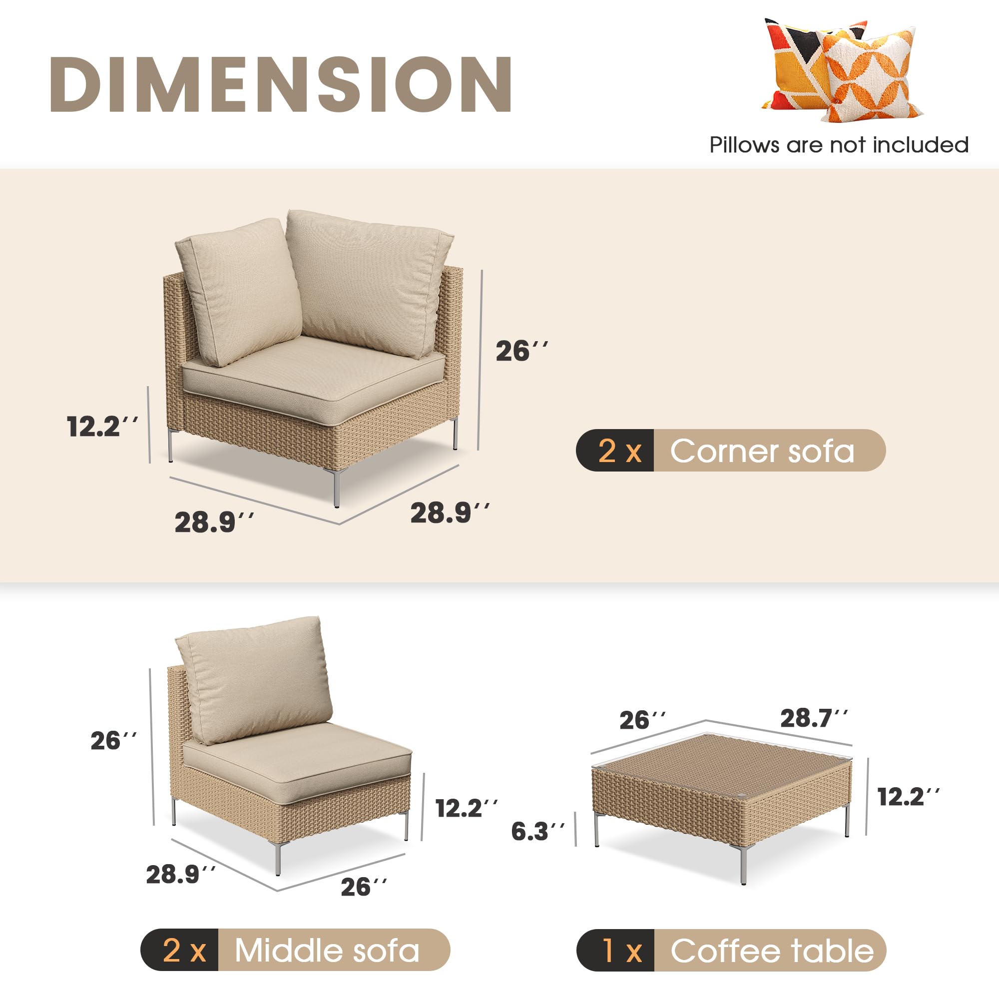 VICLLAX 5 Pieces Wicker Patio Furniture Set, Outdoor Conversation Set Sectional Sofas with Cushions and Glass-top Tea Table, Oak Rattan