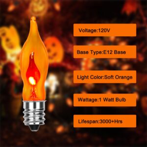 12 Pack C18 Orange Flicker Flame Light Bulbs - 1 Watt, 120 Volt, E12 Candelabra Base, Flame Shaped Replacment Light Bulbs for Halloween Christmas Candles Chandeliers Outdoor Decorative String Lights