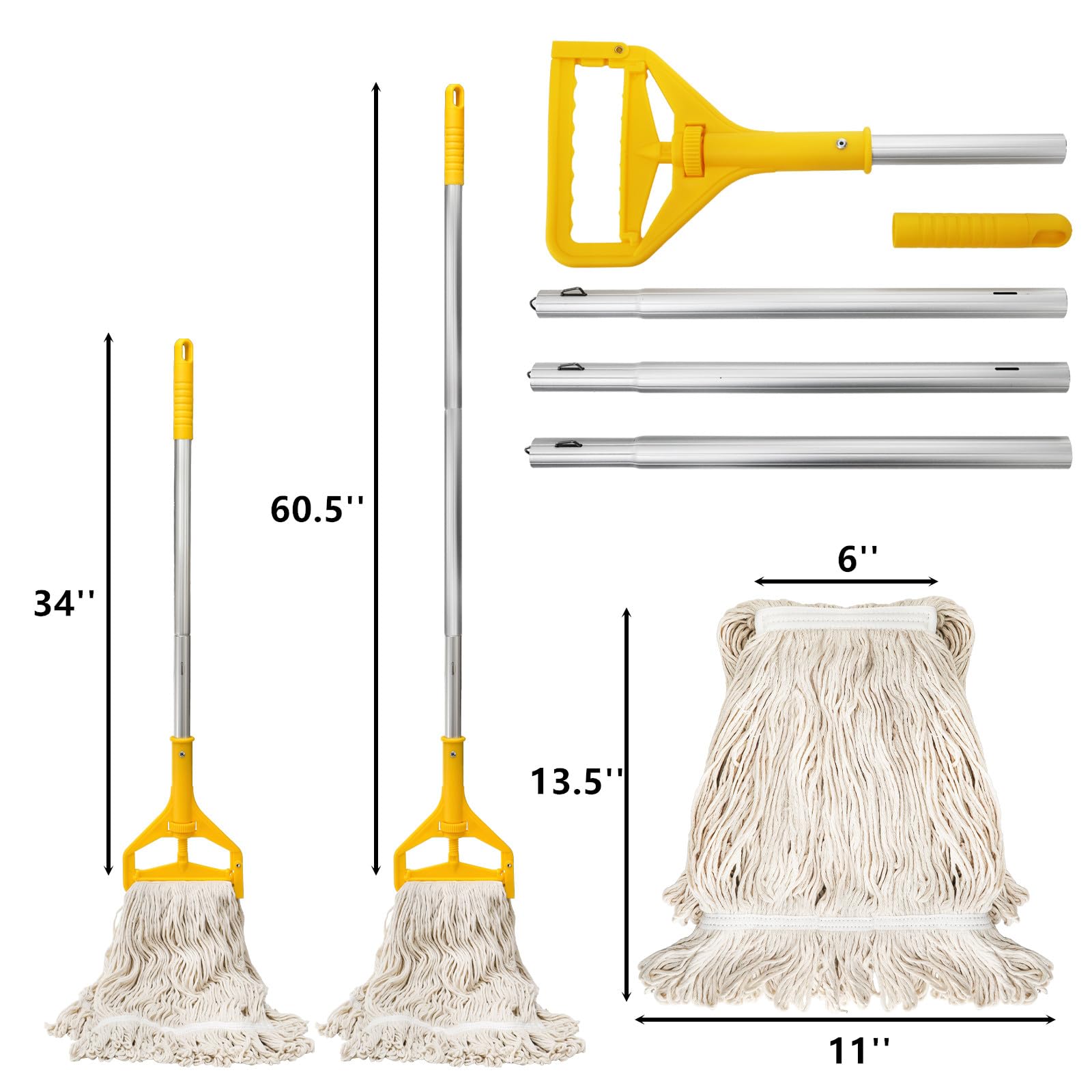 Yesland Commercial Mop with 2 Mop Heads, Industrial Cotton Mop with 61inch Long Handle, Heavy Duty Looped-End String Wet Mops for Cleaning Office Garage Hardwood Warehouse Factory Mall Deck