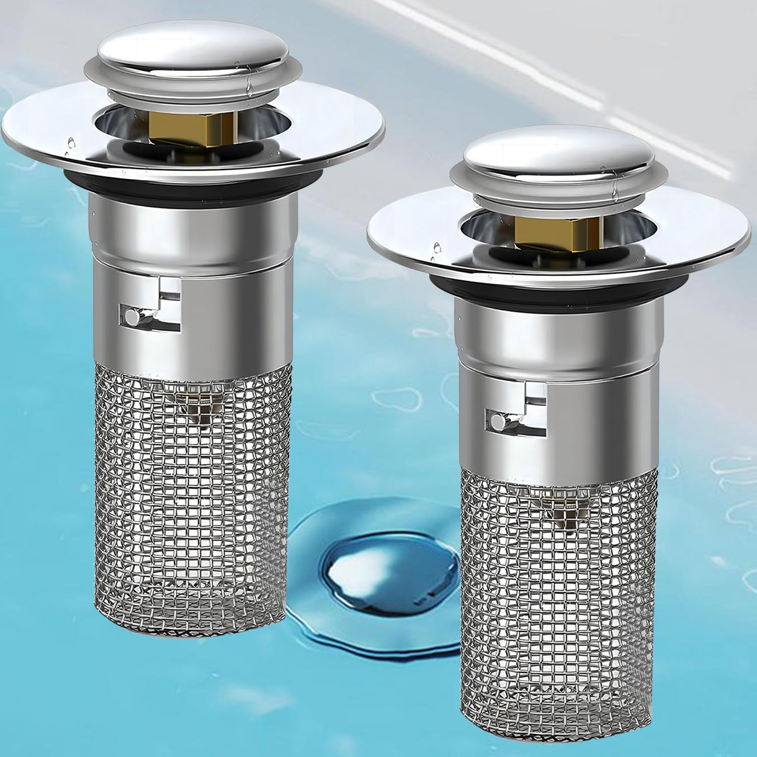 2PCS Pop Up Bathroom Sink Drain Strainer Hair Catcher, 2024 New Stainless Steel Floor Drain Filter with Removable Stainless Steel Filter Basket, for US Universal Bathroom Kitchen Basin Sink Stopper