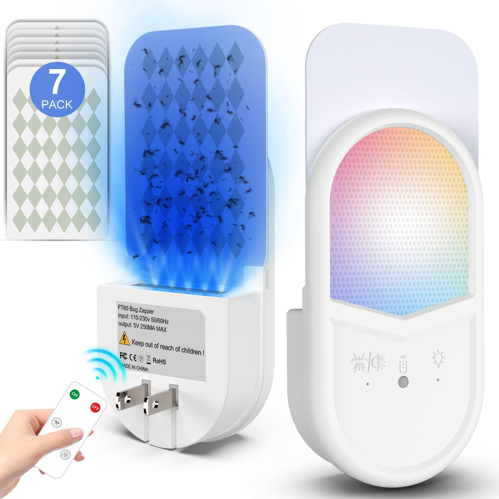 Flying Insect Trap, Remote & Touch Control Fly Trapper, Plug-in Mosquito Killer Indoor Color Changing Night Light, Gnat Moth Catcher 6-Color RGB LED Nightlight for Home, Bedroom White-1 Pack