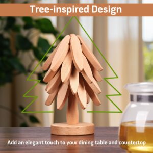 Wooden Trivets for Hot Dishes， Tree Shape Trivet Set,Trivets for Hot Dishes Store Like a Christmas Tree - 5 Wooden Trivet + 1 Stand（Beech Wood）