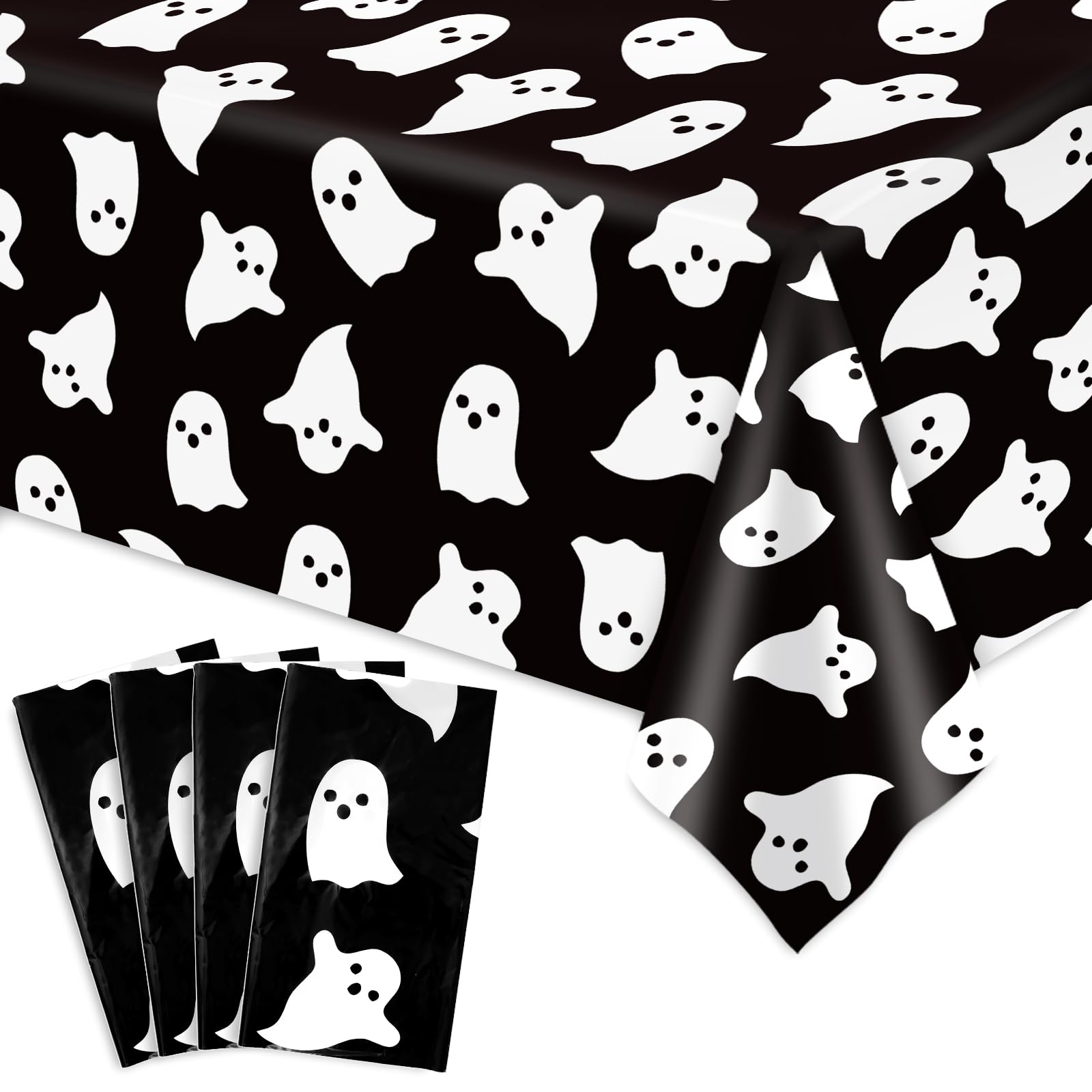 JarThenaAMCS 4Pcs Halloween Plastic Tablecloths White Black Ghost Disposable Table Cover Spooky Rectangle Table Cloth for Halloween Party Table Decor, 54 x 108 Inch