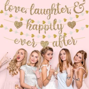 Pre-Strung Love Laughter & Happily Ever After Banner for Wedding Shower Decorations, Gold Glitter Banner Sign with 13FT Heart Streamers Garland for Bachelorette Party Bridal Shower Engagement