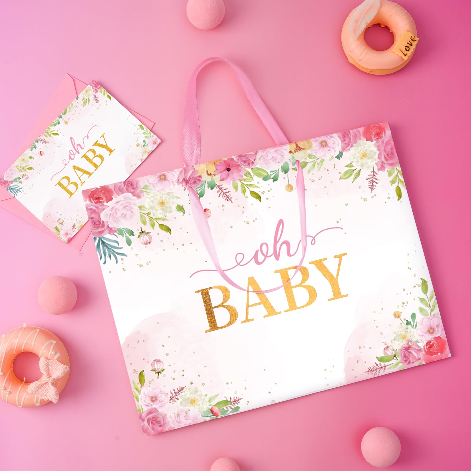 13” Large Baby Gift Bags with Tissue Paper & Greeting Card (oh BABY & Floral), Gift Bags Lager Size for Baby Girl Shower, New Parents, Newborn, 1st Birthday, Gender Reveal Party-Pink