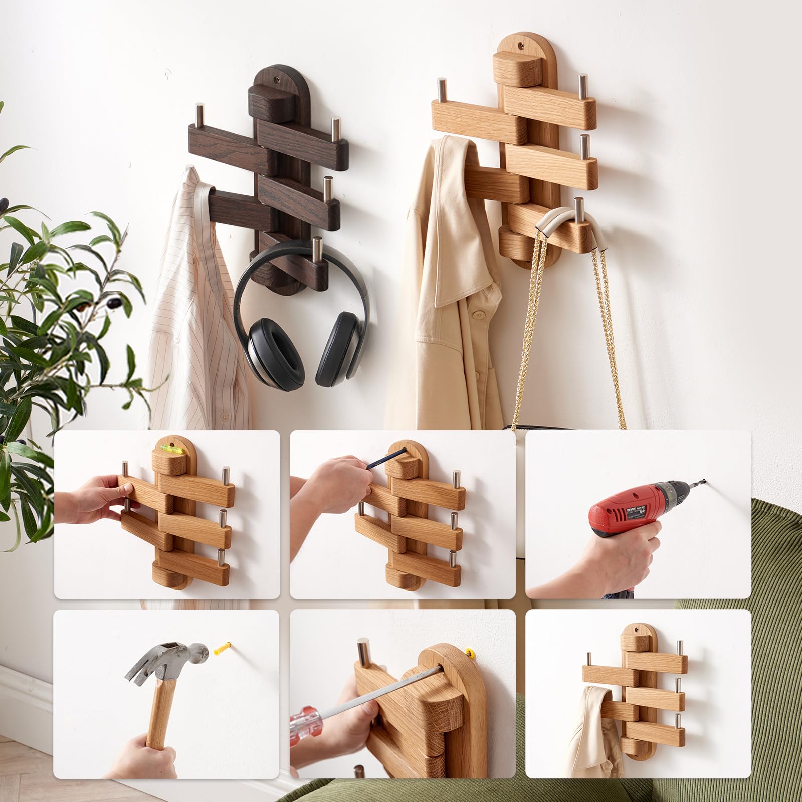 Swivel Coat Hooks for Wall, Oak Wood Coat Rack Wall Mounted Entryway Wall Shelf with 5 Hooks for Bedroom, Entryway, Living Room, Bathroom,Office, Classroom, Heavy Duty (Natural)