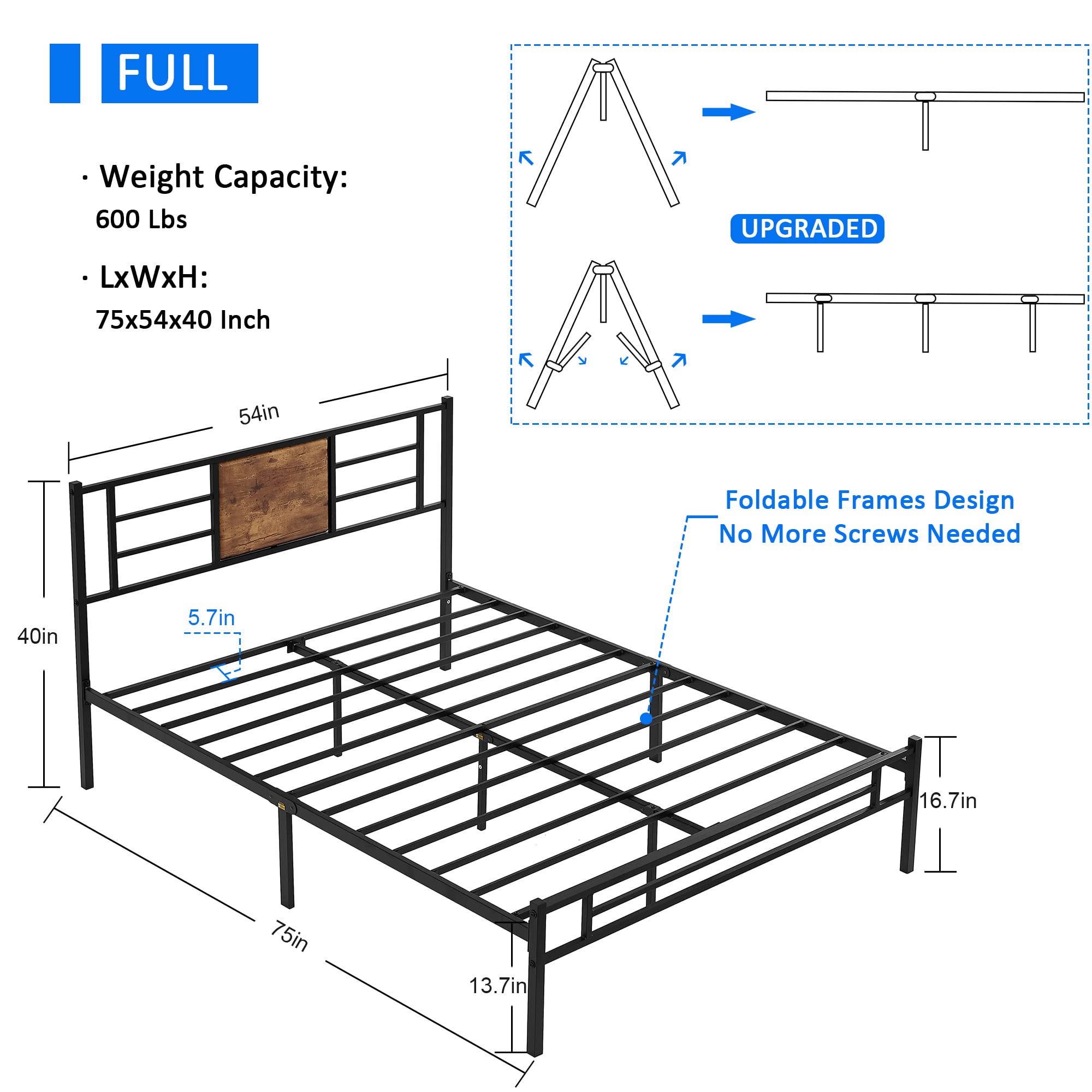 VECELO Full Size Bed Frame with Headboard, Heavy-Duty Platform with Metal Slats Support, No Box Spring Needed/Easy Assembly, Black