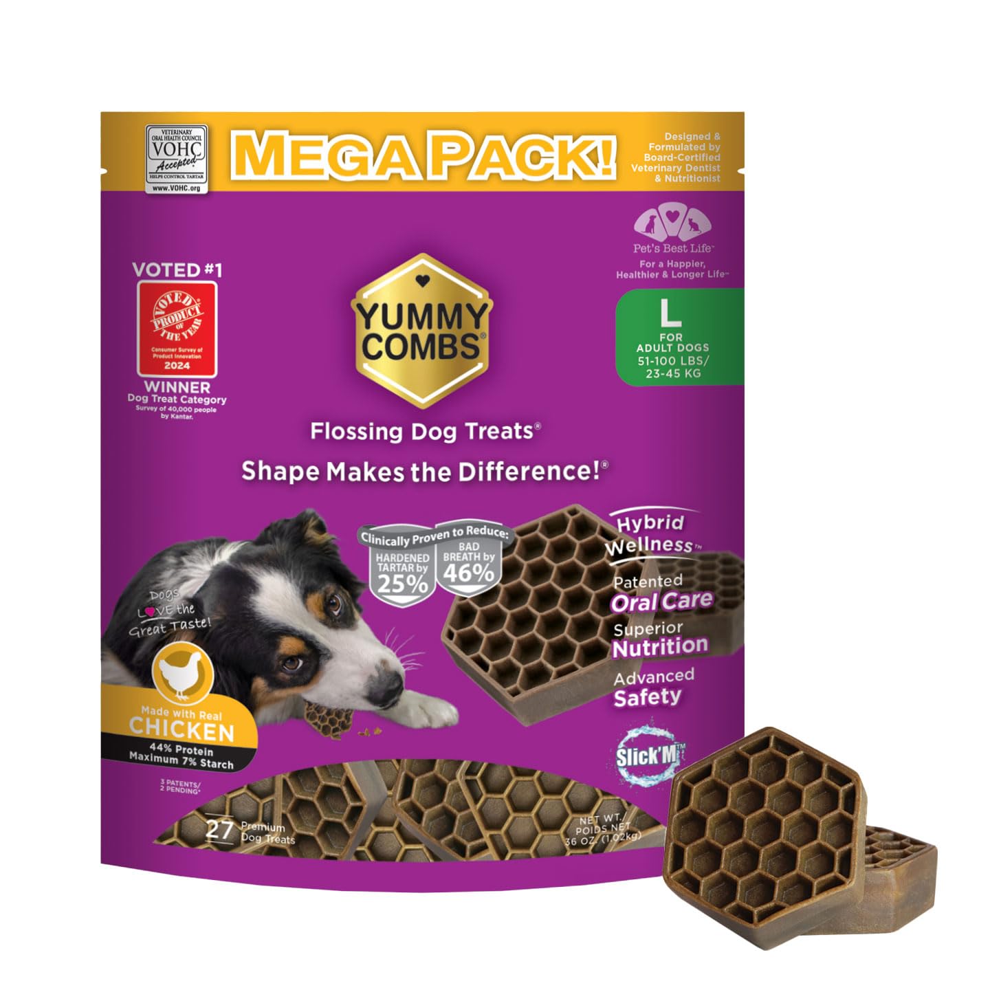 Yummy Combs Dog Dental Treats | Vet VOHC Approved - A Yummy Treat for Teeth Cleaning | Chicken Protein Treat for Large Dogs (36 oz)