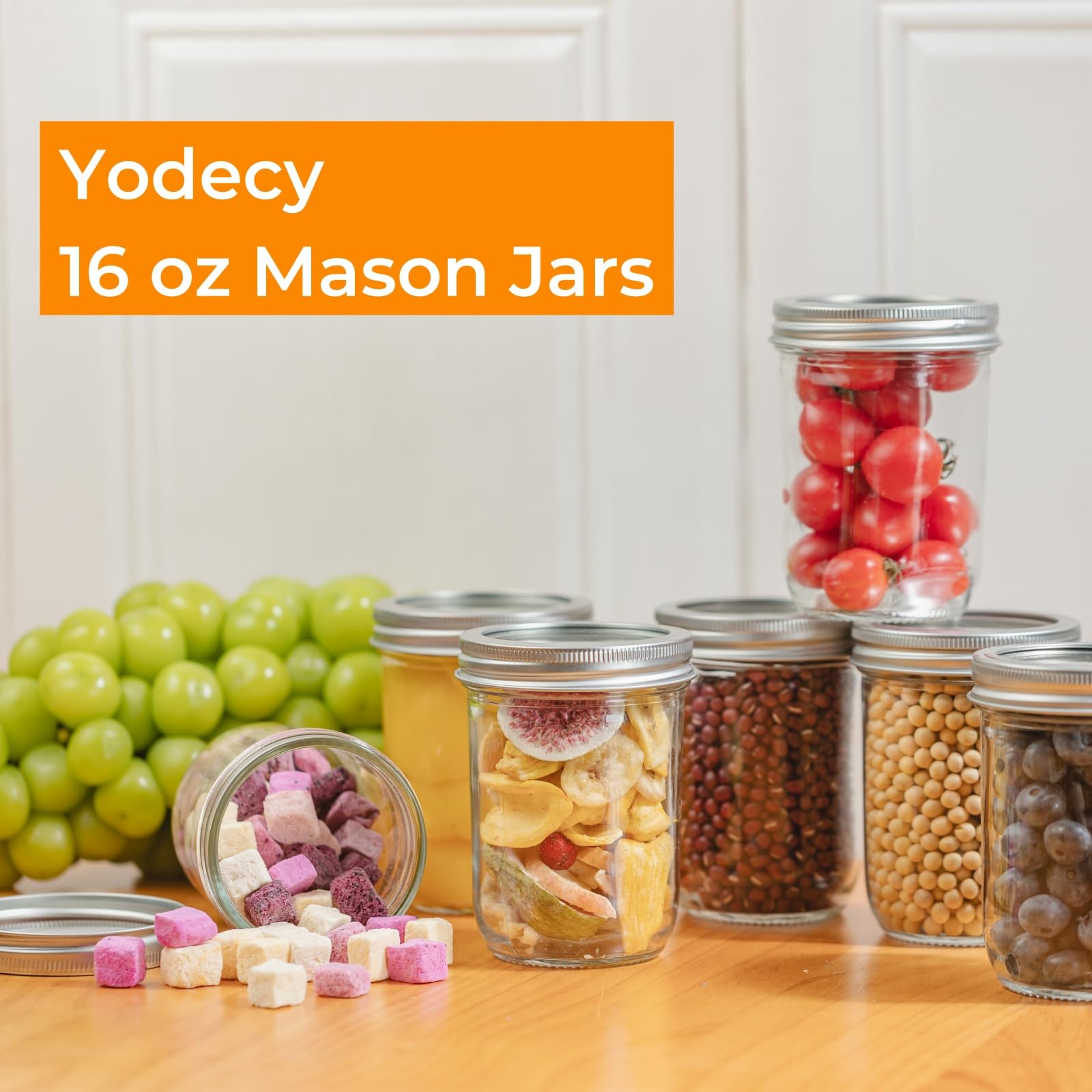 Yodecy 12 Pack 16 oz Wide Mouth Clear Mason Jars with Silver Metal Lids, Canning Jars for Overnight Oats, Food Storage, Dry Food, Snacks, Candies