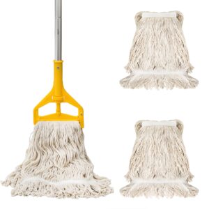 yesland commercial mop with 2 mop heads, industrial cotton mop with 61inch long handle, heavy duty looped-end string wet mops for cleaning office garage hardwood warehouse factory mall deck