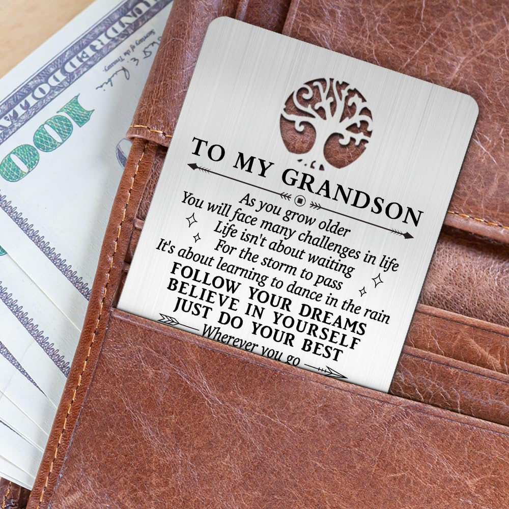 Mhfpl To My Grandson I Love You Wallet Card, Engraved Metal Wallet Insert Card with Love Note from Grandpa Grandma, Inspirational Gifts Graduation Christmas Birthday coming of age Gifts for Grandson