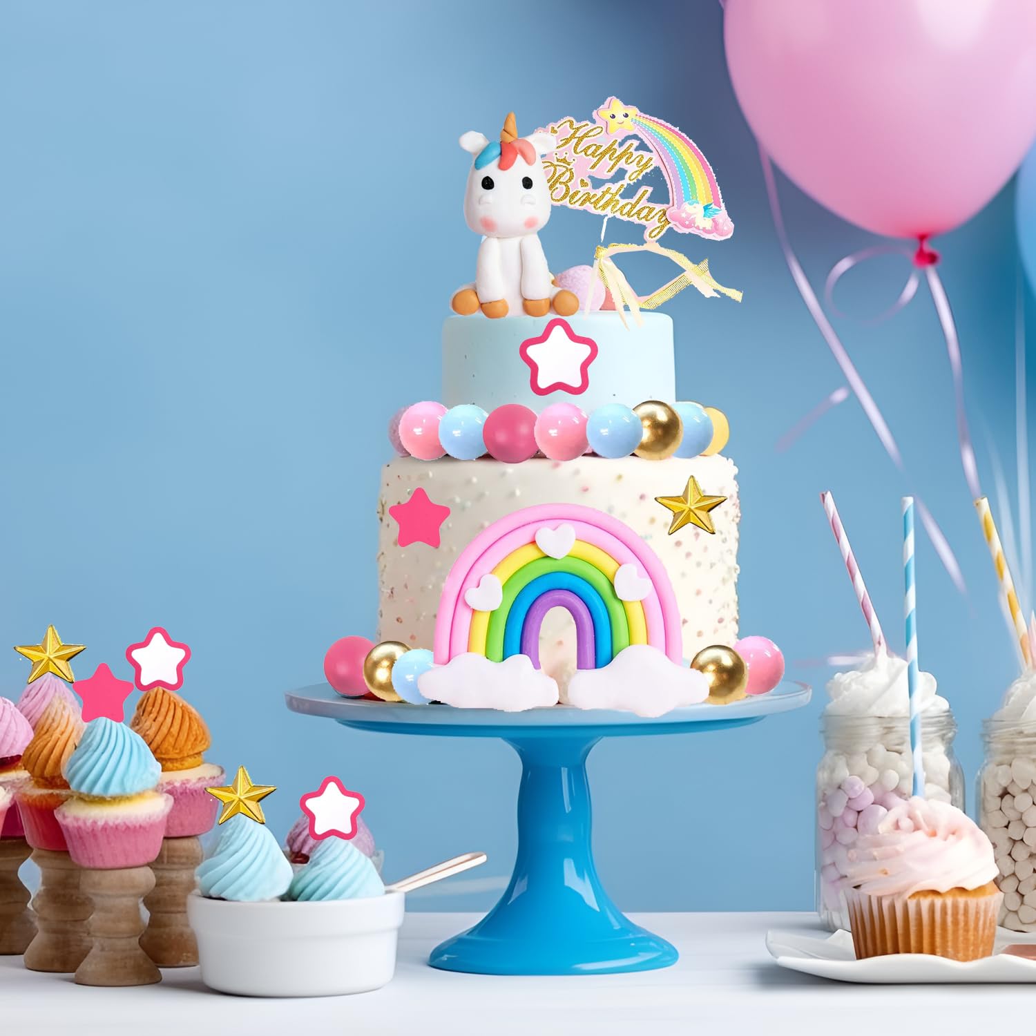 29 PCS Unicorn Cake Topper, Unicorn Cake Decorations with Rainbow Stars Unicorn Balls Happy Birthday Cake Decorations for Boys Girls Kids Birthday Party Baby Shower Supplies