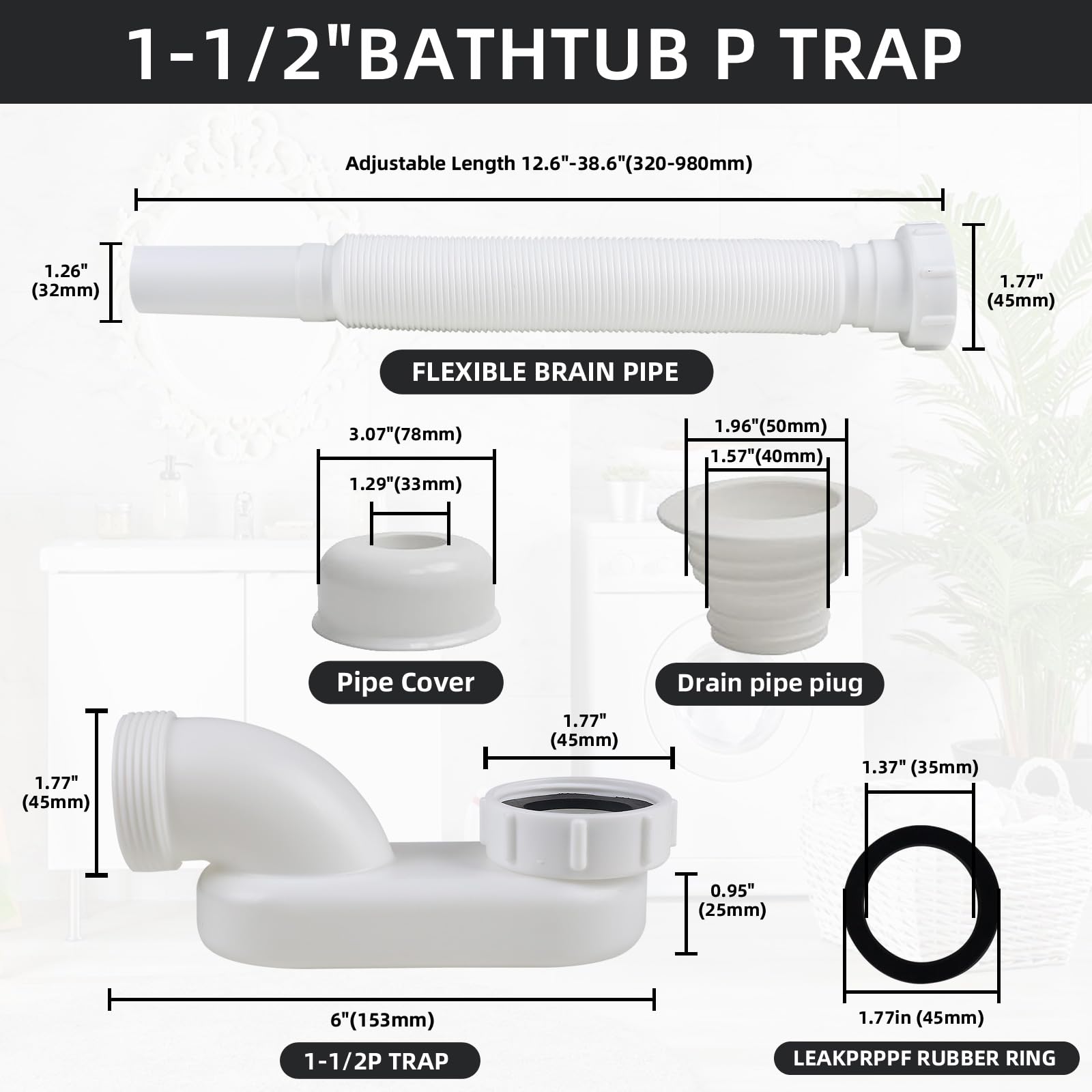 YYinno Flexible Bathtub Drain Pipe, Upgraded No-leak Low Profile 1 1/2 P Flat Drainage Pipe Kit, Flat P Trap Freestanding Tub Drain Flex-Drain for Bath