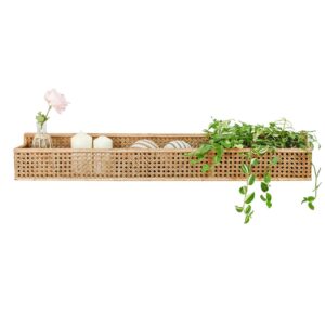 synovana boho long rattan wall shelf farmhouse woven wall mounted shelf basket organizer storage rustic floating hanging wall shelf for livingroom home decor