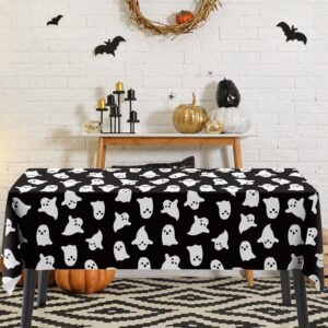 JarThenaAMCS 4Pcs Halloween Plastic Tablecloths White Black Ghost Disposable Table Cover Spooky Rectangle Table Cloth for Halloween Party Table Decor, 54 x 108 Inch