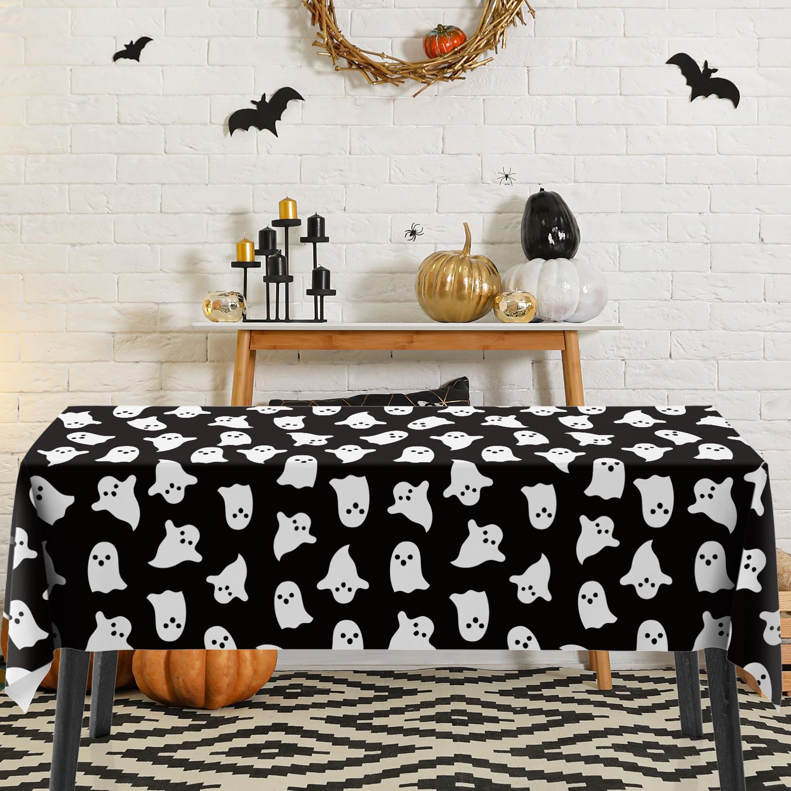 JarThenaAMCS 4Pcs Halloween Plastic Tablecloths White Black Ghost Disposable Table Cover Spooky Rectangle Table Cloth for Halloween Party Table Decor, 54 x 108 Inch