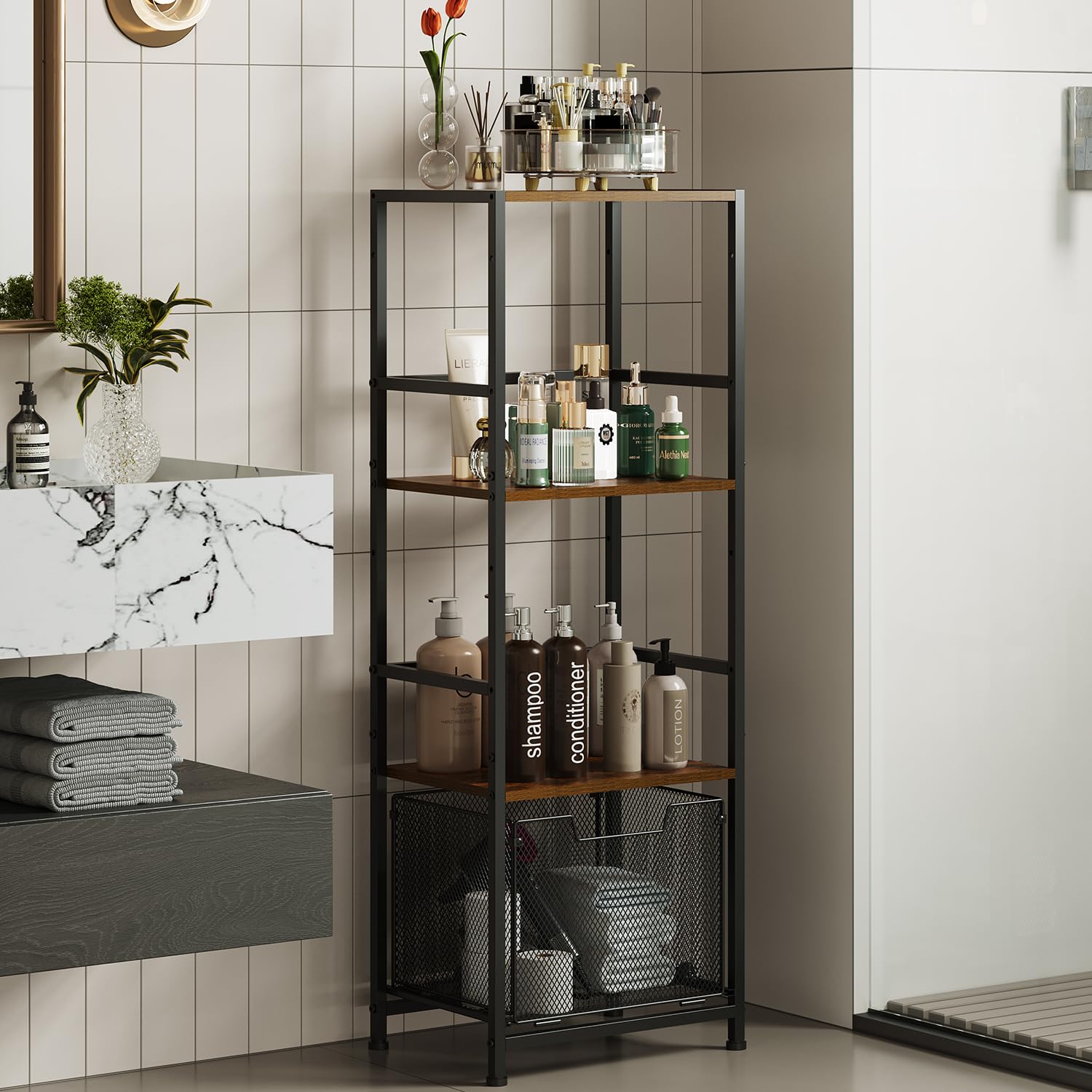 4-Tier Standing Storage Shelves, Narrow Shelving Unit for Small Places, Metal Wood Combination Storage Shelf Rack with Wire Basket,Adjustable Utility Shelf for Bathroom Kitchen Laundry Garage