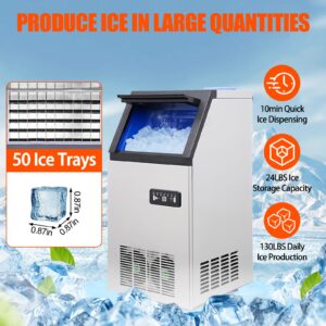 Commercial Ice Maker Machine, 130lbs/24H Counter Ice Maker with 24LBS Storage Bin, 50 Ice Trays, 10 Quick Ice Dispensing, Freestanding Ice Maker includes Scoop for Home Office Restaurant Bar