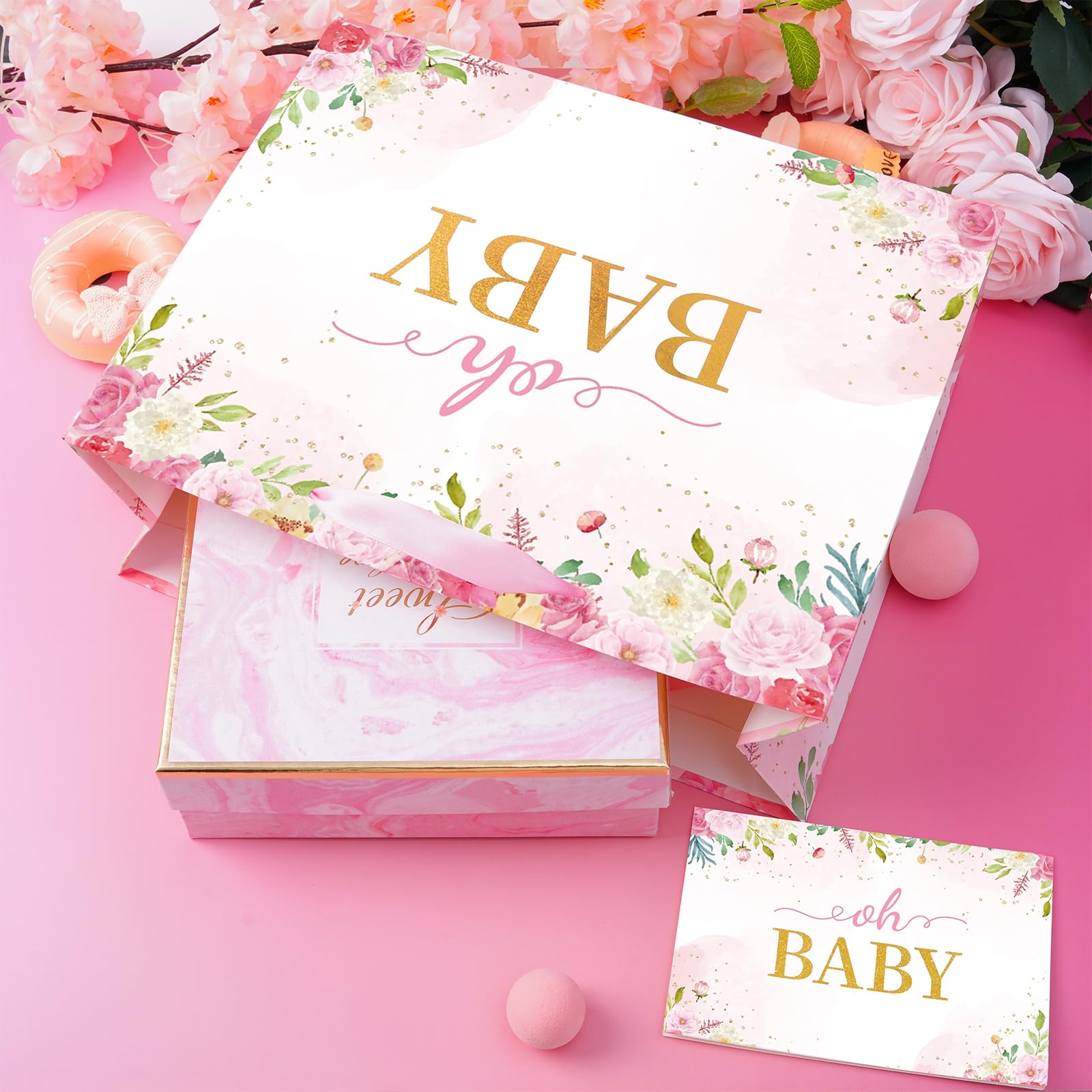 13” Large Baby Gift Bags with Tissue Paper & Greeting Card (oh BABY & Floral), Gift Bags Lager Size for Baby Girl Shower, New Parents, Newborn, 1st Birthday, Gender Reveal Party-Pink