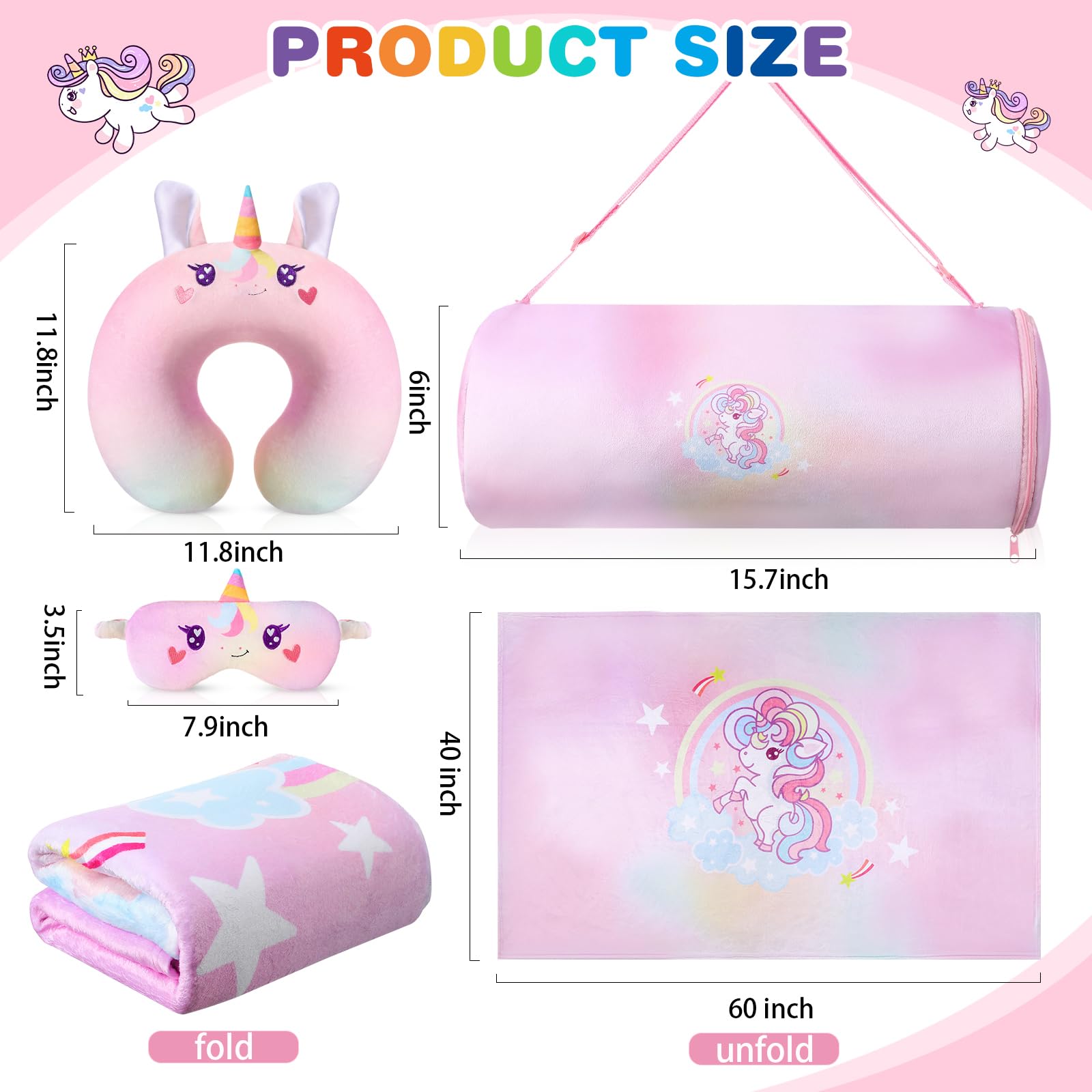 Gulfmew Unicorn Travel Blanket and Pillow Set for Kids Unicorn Airplane Blanket Soft Kids Neck Pillow Eye Mask and Adjustable Storage Bag Cute Travel Accessories for Girl Airplane Car Trip Home Use