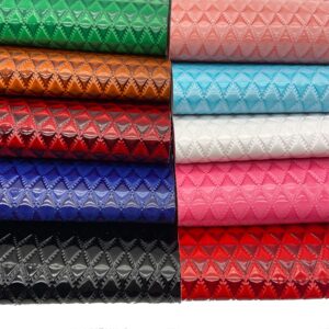 Glossy Geometry Vinyl Faux Leather Sheets, 12 x 54 inch Embossed Diamond Plaid Synthetic PU Fabric for DIY Handicrafts Keychains Pouches Making-Dark Red